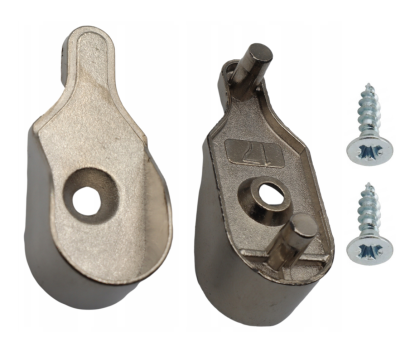 Wspornik drążka meblowego owalnego – zestaw montażowy z 2 bolcami i wkrętem, nikiel.