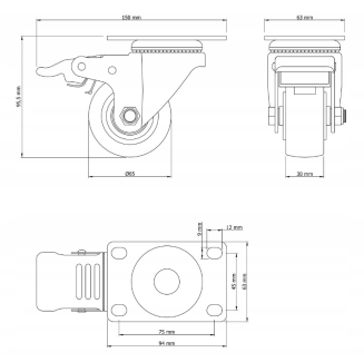 Zestaw 4 kółek obrotowych Ø 65 mm z hamulcem – gumowane, łożyskowane, podstawa 63 × 94 mm. - 6