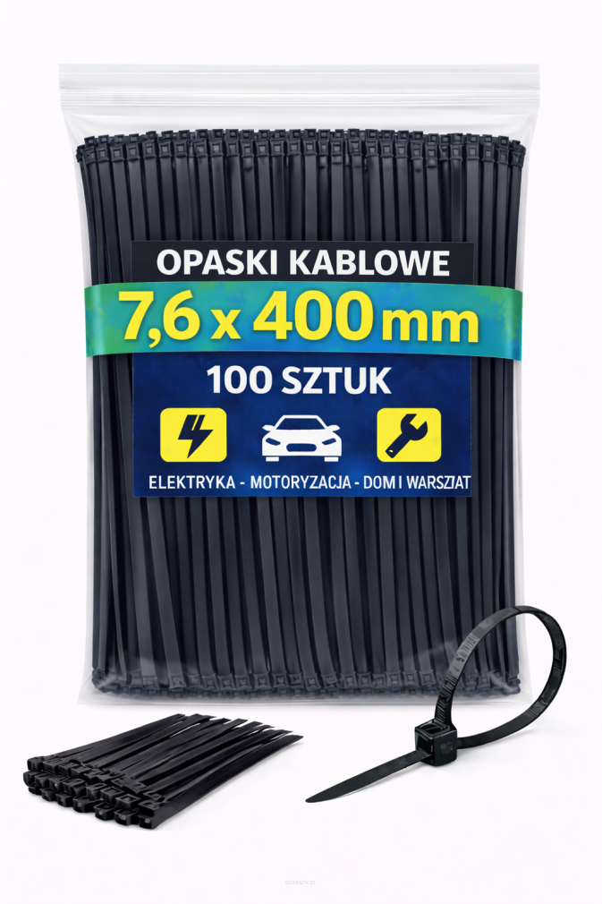 Opaski zaciskowe 7,6 × 400 mm czarne – trytytki kablowe nylon PA – 100 szt.