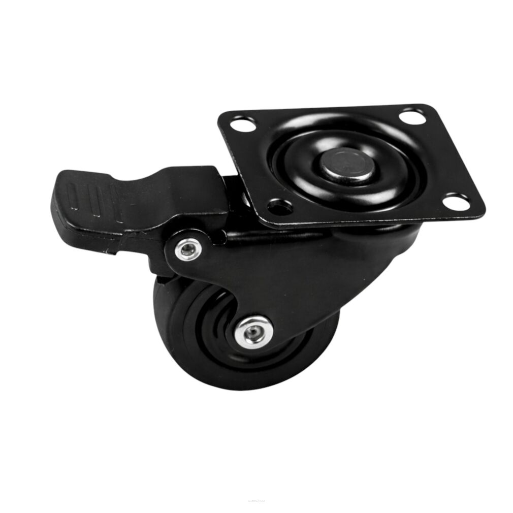 Kółko meblowe obrotowe Ø 30 mm — gumowane, czarne z hamulcem i podstawą 33 × 33 mm.