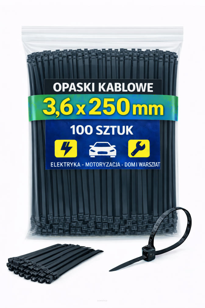 Opaski zaciskowe 3,6 × 250 mm czarne – trytytki kablowe nylon PA – 100 szt.
