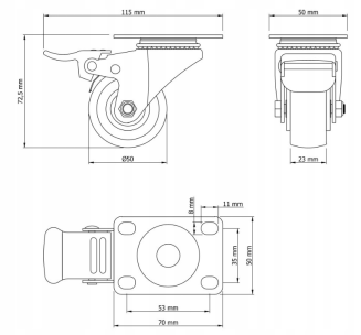 Zestaw 4 kółek obrotowych Ø 50 mm z hamulcem – gumowane, łożyskowane, podstawa 50 × 70 mm - 6