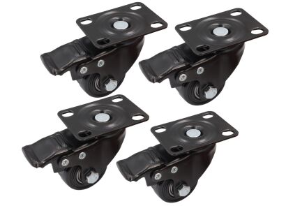 Zestaw 4 kółek obrotowych Ø 50 mm z hamulcem – gumowane, łożyskowane, podstawa 50 × 70 mm