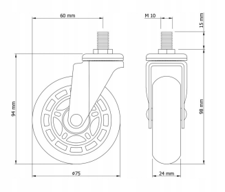 Kółko obrotowe Ø 75 mm, kauczukowe z trzpieniem montażowym M10 × 15 mm. - 6