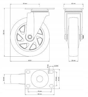 Zestaw 8 kółek obrotowych Ø 125 mm – gumowane, łożyskowane, podstawa 63 × 94 mm (bez hamulca) - 6