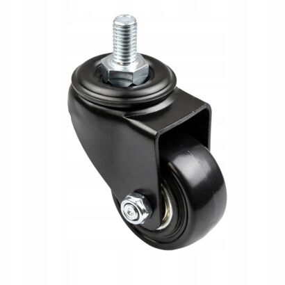 Kółko meblowe obrotowe Ø 40 mm — gumowane, czarne, trzpień gwintowany M8 × 15 mm.
