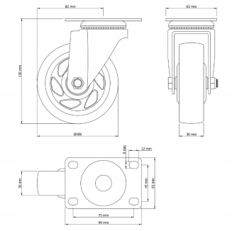Kółko obrotowe łożyskowane Ø 100 mm, z gumą – podstawa 63 × 94 mm. - 6