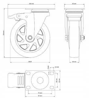 Zestaw 8 kółek obrotowych Ø 125 mm z hamulcem – gumowane, łożyskowane, podstawa 63 × 94 mm. - 6