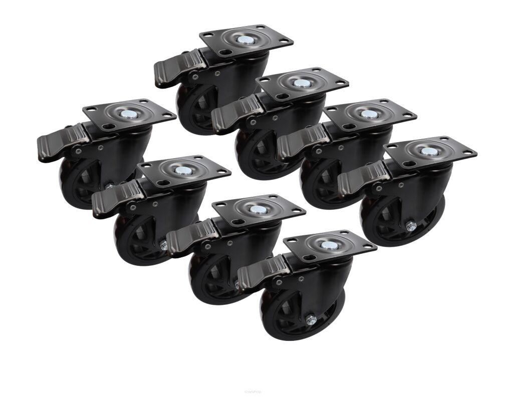 Zestaw 8 kółek obrotowych Ø 125 mm z hamulcem – gumowane, łożyskowane, podstawa 63 × 94 mm.