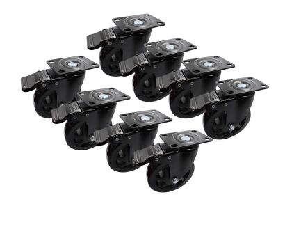 Zestaw 8 kółek obrotowych Ø 125 mm z hamulcem – gumowane, łożyskowane, podstawa 63 × 94 mm.