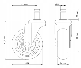 Kółko meblowe kauczukowe Ø 65 mm z trzpieniem montażowym 11 × 22 mm, łożyskowane. - 5