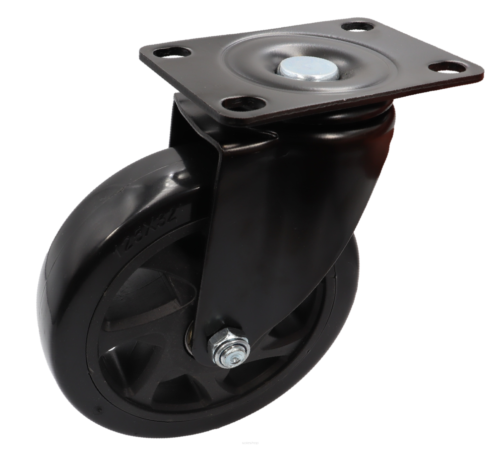 Kółko obrotowe łożyskowane Ø 125 mm, z gumą – podstawa 63 × 94 mm.