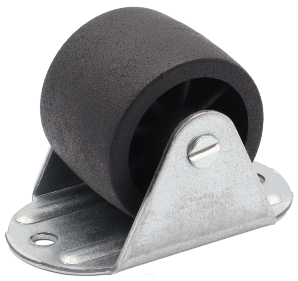 Rolka meblowa sztywna H32 mm,  czarna z płytką 48 × 27 mm.