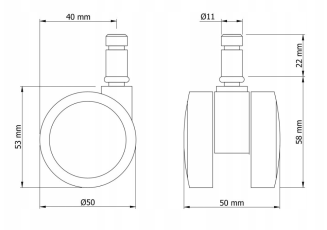 Kółko meblowe gumowane Ø 50 mm z trzpieniem montażowym 11 × 22 mm, obrotowe czarne. - 7