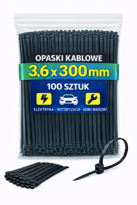 Opaski zaciskowe 3,6 × 300 mm czarne – trytytki kablowe nylon PA – 100 szt.