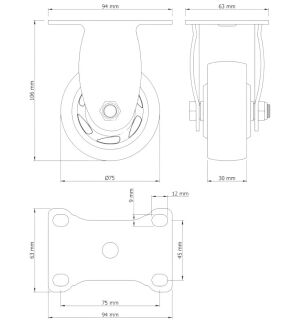 Kółko meblowe stałe Ø 75 mm — gumowane, czarne, podstawa 63 × 94 mm. - 5