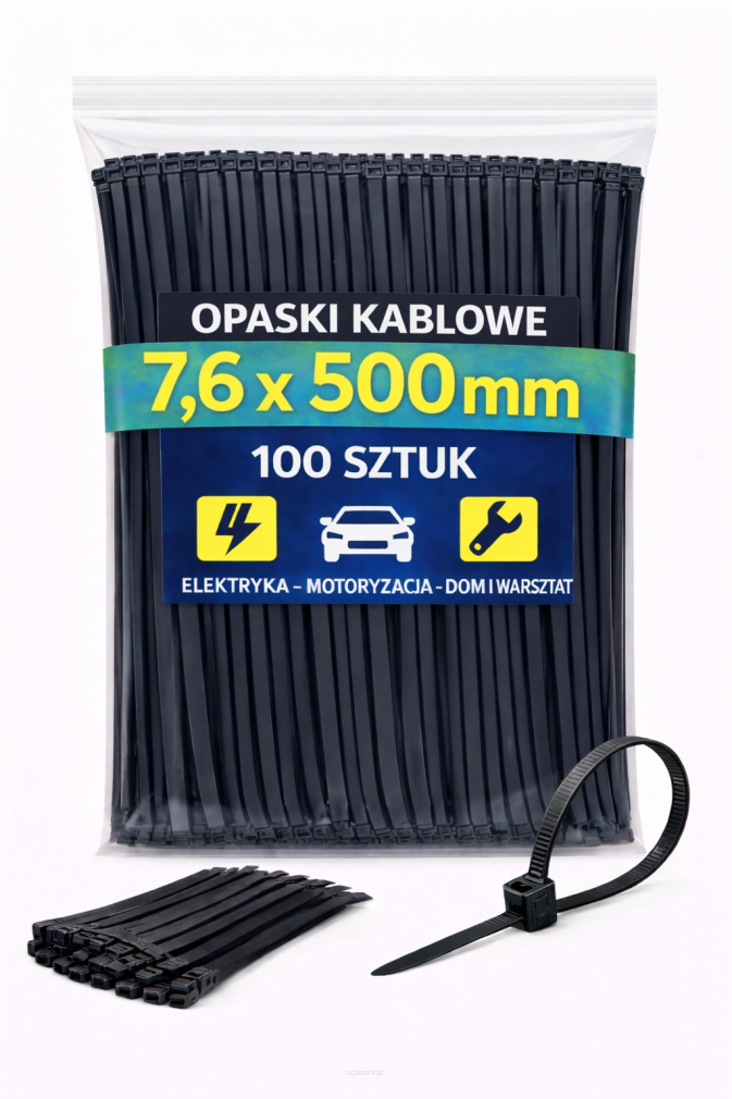 Opaski zaciskowe 7,6 × 500 mm czarne – trytytki kablowe nylon PA – 100 szt.