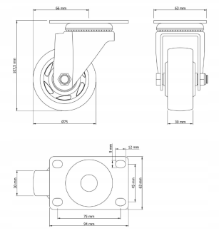 Zestaw 8 kółek obrotowych Ø 75 mm – gumowane, łożyskowane, podstawa 63 × 94 mm (bez hamulca) - 6