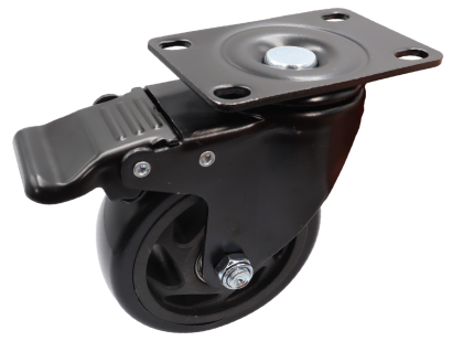 Kółko obrotowe z hamulcem łożyskowane Ø 100 mm – guma, podstawa 63 × 94 mm.