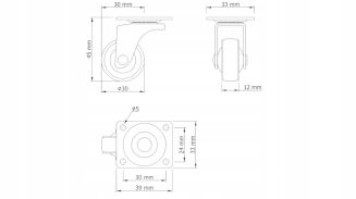 Kółko meblowe obrotowe Ø 30 mm — gumowane, czarne, z podstawą 33 × 33 mm. - 5
