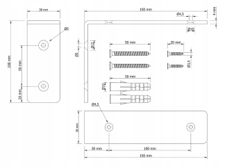 Zestaw 4× wsporników półki LOFT L150 × 100 × 38 mm – czarny mat + zestaw montażowy. - 6