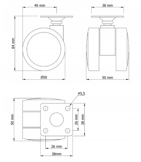 Kółko meblowe gumowane obrotowe Ø 50 mm z płytką montażową 38 × 38 mm, czarne. - 6