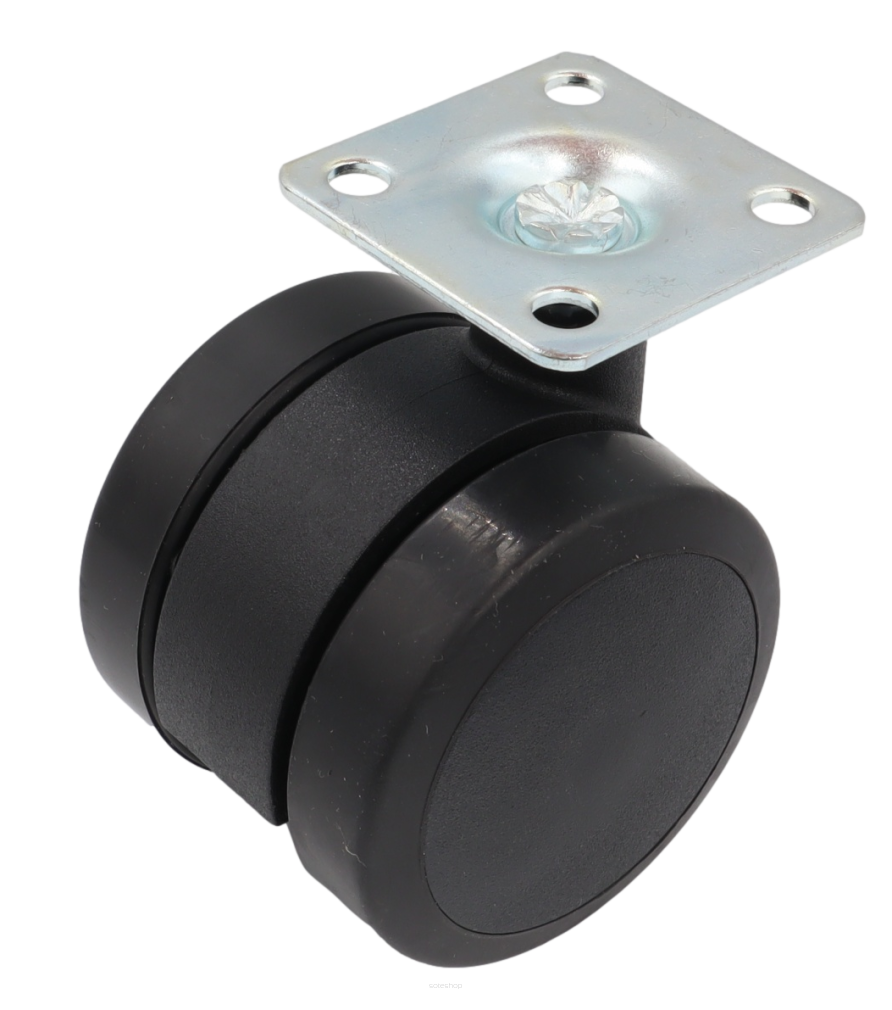 Kółko meblowe gumowane obrotowe Ø 50 mm z płytką montażową 38 × 38 mm, czarne.