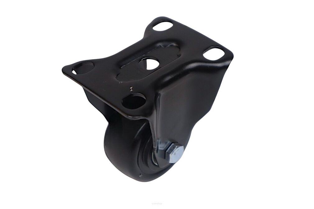 Kółko meblowe stałe Ø 50 mm — gumowane, czarne, podstawa 54 × 70 mm.