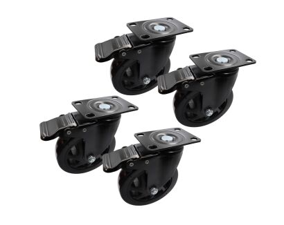 Zestaw 4 kółek obrotowych Ø 125 mm z hamulcem – gumowane, łożyskowane, podstawa 63 × 94 mm.