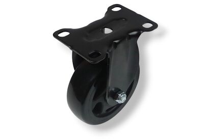 Kółko meblowe stałe Ø 100 mm — gumowane, czarne, podstawa 63 × 94 mm.