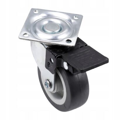 Kółko meblowe obrotowe Ø50 mm gumowane z hamulcem, podstawa ocynk 42 x 42 mm.