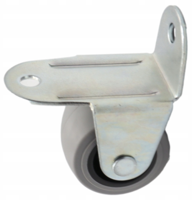 Rolka meblowa sztywna odgięta H33 mm gumowana, szara z płytką 44 × 27 mm.