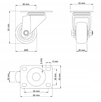 Zestaw 4 kółek obrotowych Ø 40 mm – gumowane, łożyskowane bez hamulca. - 7