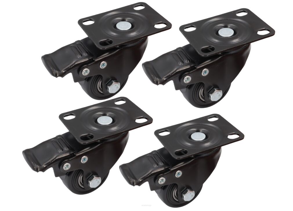 Zestaw 4 kółek obrotowych Ø 40 mm z hamulcem – gumowane, łożyskowane, podstawa 43 × 60 mm.